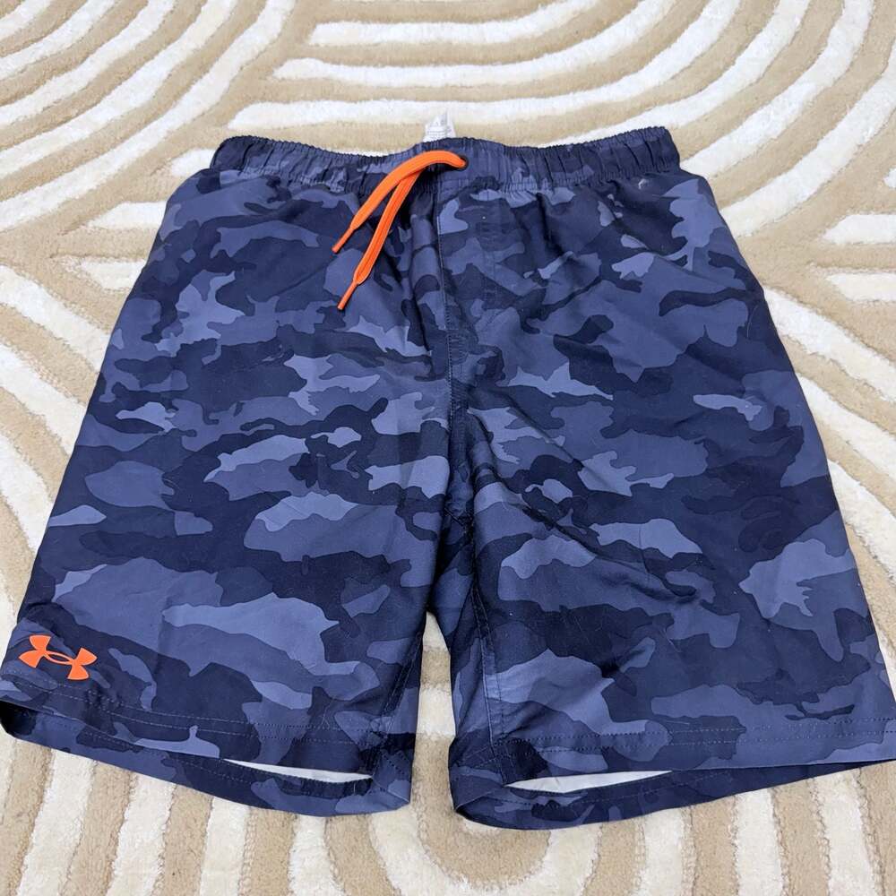 Under Armour Blue Camo Swim Trunks Orange Drawstring Size YLG